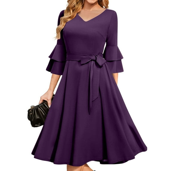Party Dresses For Women, Wedding Guest Dress Elegant Bell Sleeve Cocktail Church Midi Evening Dress Black Cocktail Women Dress Long Formal 2025 Modest Dresses Cocktail Dresses (S, Purple) ZMTing