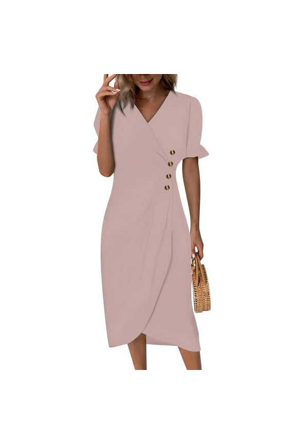 Party Dresses For Women, Wedding Guest Elegant Classy Wrap V Neck Prom Dress Poppyseed Boho Women 2025 Dresses Cute Spring Teacher Outfits Dresses Break Casual Dresses (M, Pink) ZMTing