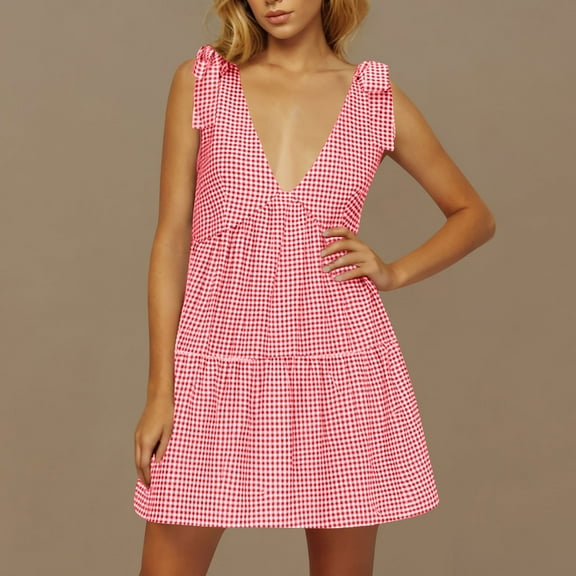 Party Dresses for Women Fashion Plaid Print V-Neck Mid-Length Dress Casual Slim Fit Sleeveless Ruffle Flowy Sundresses