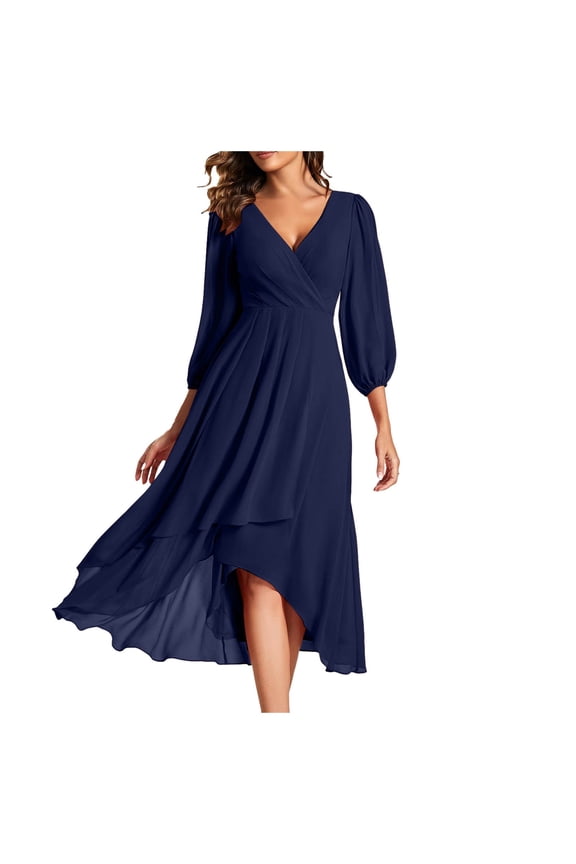Party Dresses for Women Midi Dresses Women Chiffon Spring V-Neck Long Sleeves Pleated A-Line Midi Length Wedding Guest Dress Elegant Evening Gown