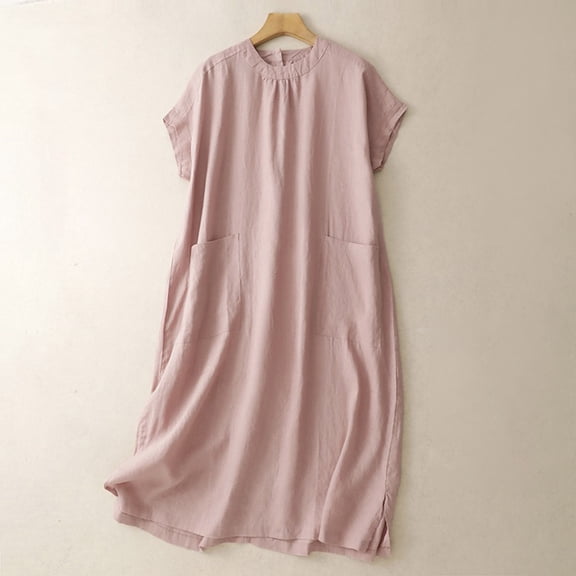 Party Dresses for Women Summer Solid Color Crew Neck Mid-Length Dress Quick Dry Slim Fit Short Sleeve Sundress