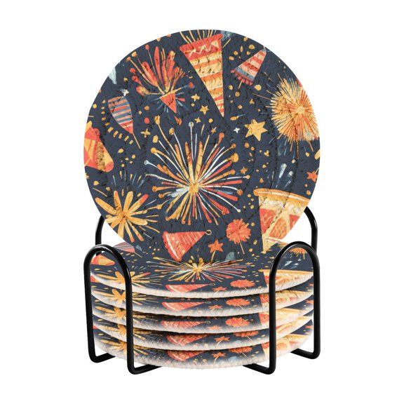 Party Elements Theme 4in Bar Coasters Set of 6 with Storage Rack Durable Heat Resistant