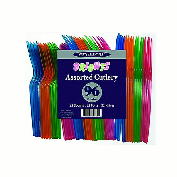 Party Essentials Extra Heavy Duty Assorted Plastic Cutlery Assorted Neons, 96 ct