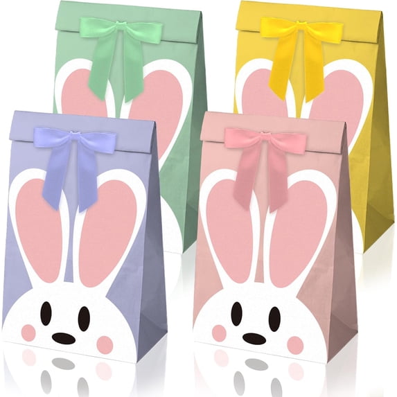 Party Favor Bags, 36 Count Easter Bunny Pastel Rabbit Paper Treat Bags With Ribbon Bow Stickers, Candy Goodie Bags for Spring Birthday and Baby Shower