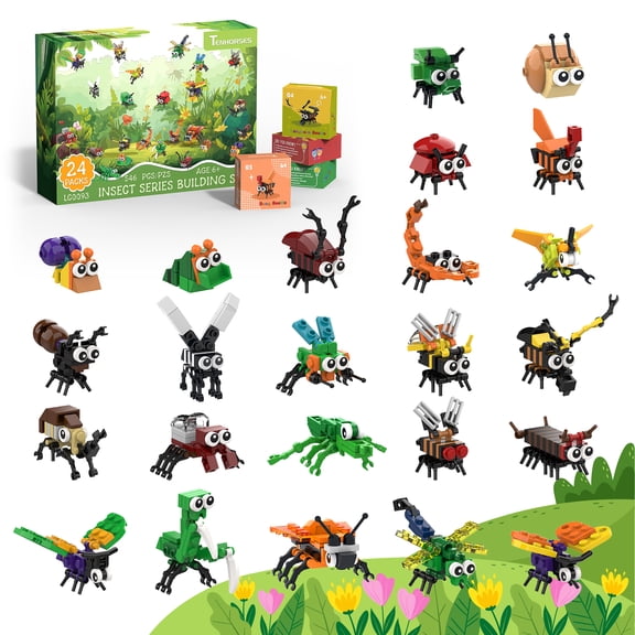 24 Pack Insect Building Block Sets, LEGO-Compatible STEM Bug Toys - Perfect Valentine's Day Gifts, Classroom Prizes, Goodie Bags, Birthday & Party Favors for Boys and Girls