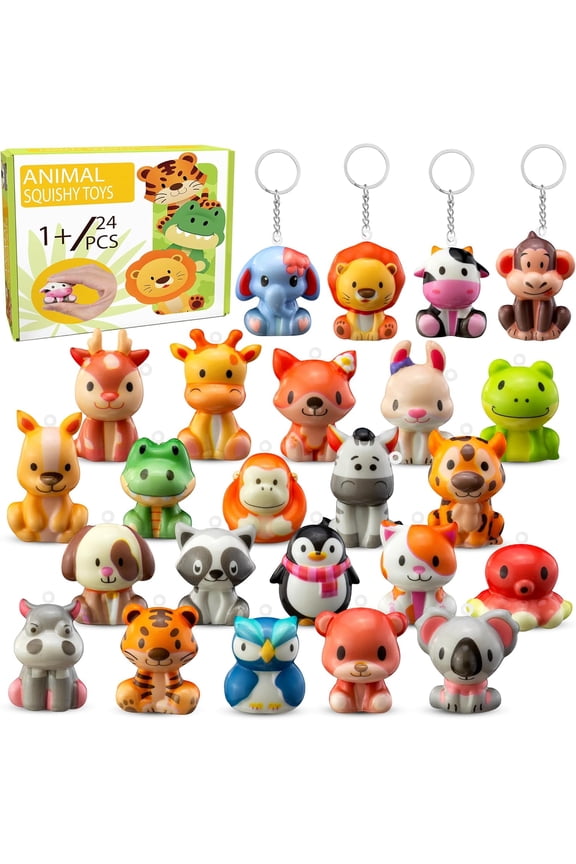 Party Favors for Kids 24PCS Safari Animal Cute Squishy Keychains Toys,Goodie Bag Stuffers, Pinata Stuffers,Birthday Gifts for Boys & Girls,Treasure Chest Prizes,Classroom Prizes for Kids