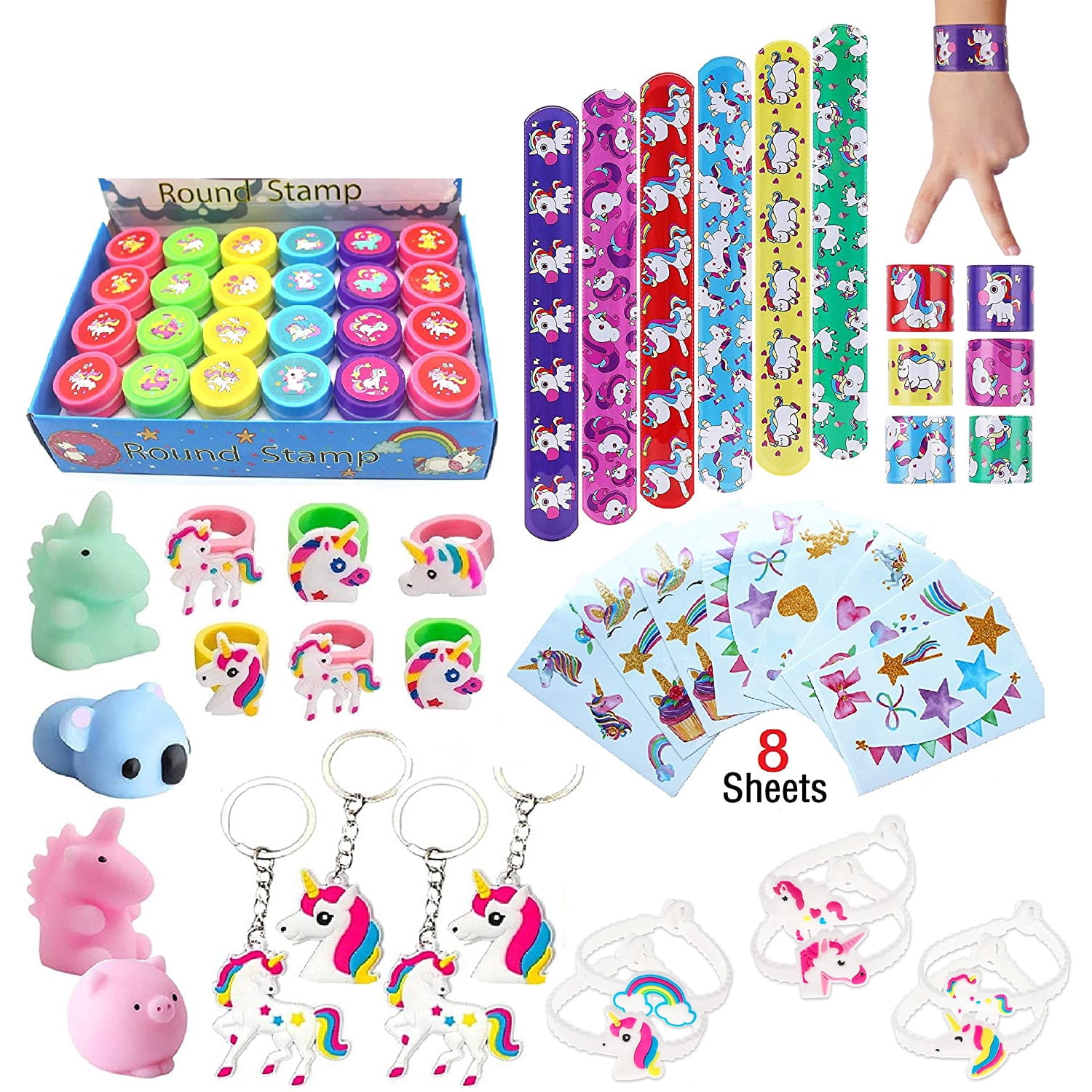 MOVINPE Unicorn Party Favors Personalize Goody Cups with Gift Tags, Filled  with Unicorn Themed Reusable Straws Stampers Luminous Keychains Slap