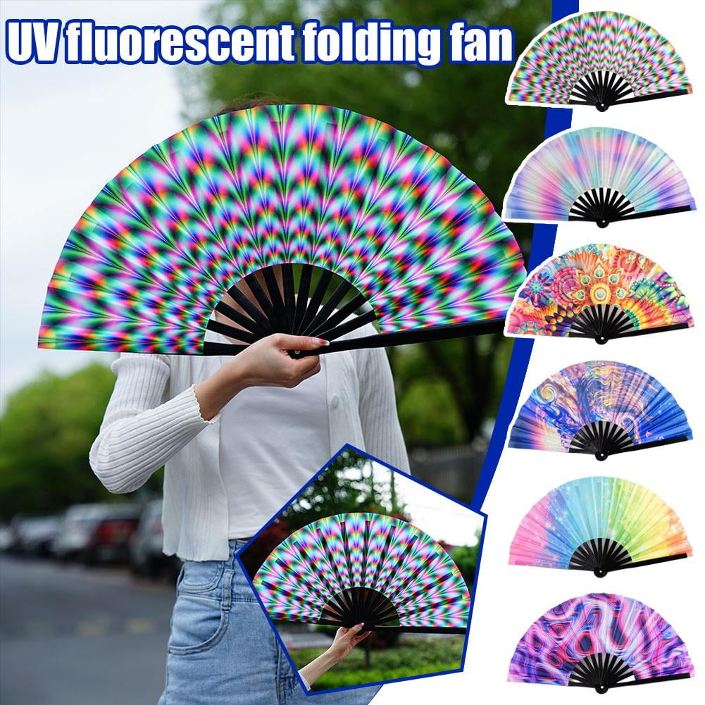 Party Folding Fan, Large Folding Hand Fan UV Glow Rave Fan Festival Handheld Fan Silk Folding