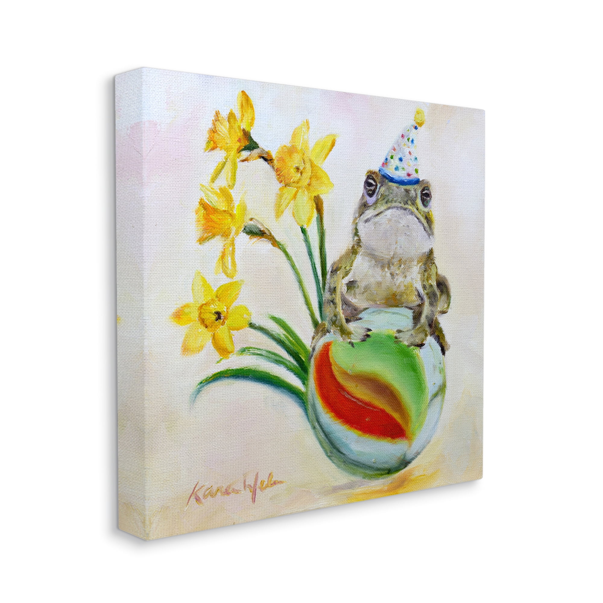 Party Frog on Marble Yellow Daffodil Flowers Animals & Insects Gallery-Wrapped Canvas Print Wall Art, 17x17