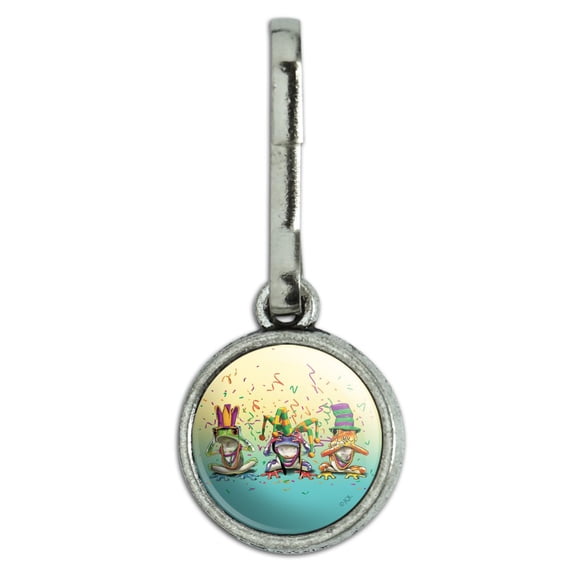 Party Frogs Mardi Gras See No Evil Hear Speak Antiqued Charm Clothes Purse Suitcase Backpack Zipper Pull Aid