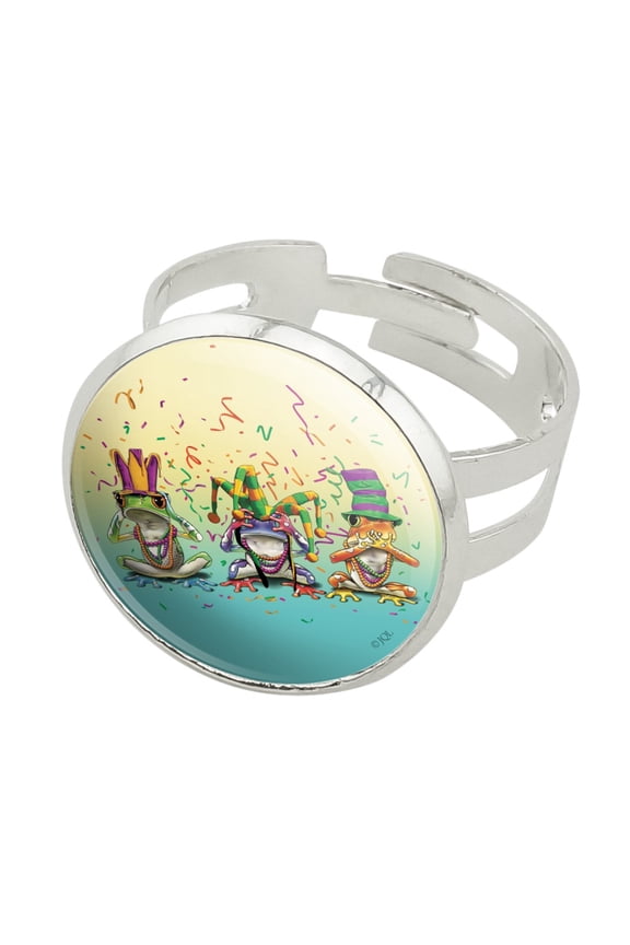 Party Frogs Mardi Gras See No Evil Hear Speak Silver Plated Adjustable Novelty Ring