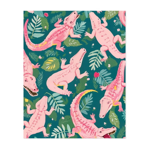 Party Gators Warning - Pink Crocodiles Swim Here - Painting Pattern Tropical Surrealism Floral Humor Animal Illustration Unframed Wall Art Print 8 x 10 inches