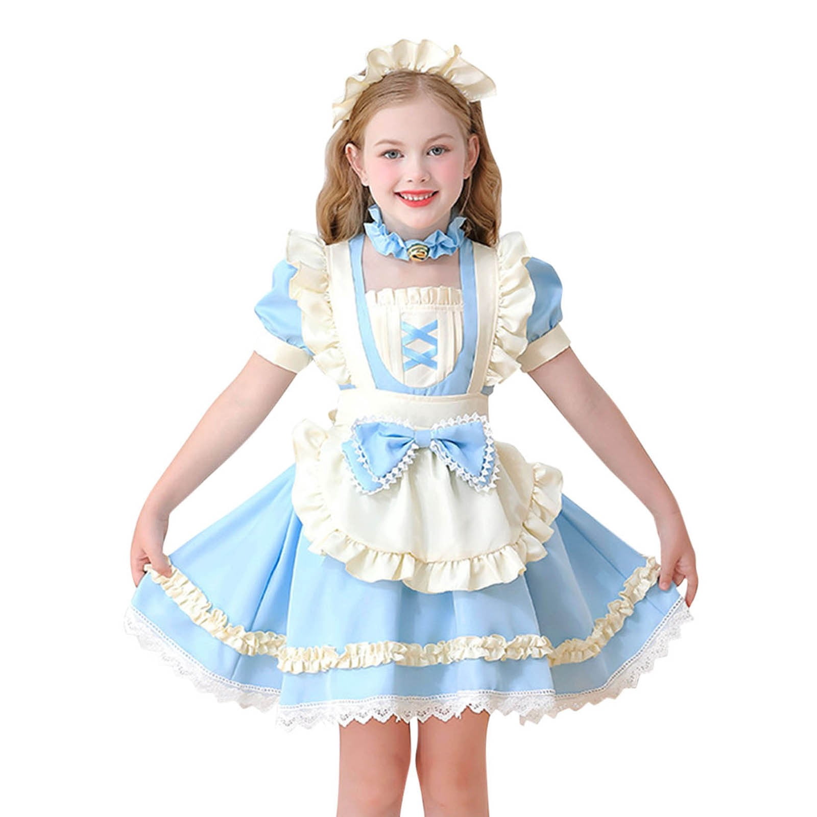 blue and white fancy dress qILAKOG Party Girl's Victorian Costume Cotton Dress World Book Day Week Girl's Fancy Dress Fancy Dress Costumes for Halloween Cosplay Blue 7-8 Years