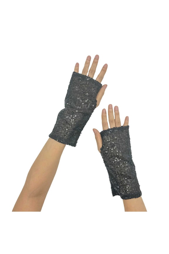 Party Gloves Fashion Sparkly Sequins Long Fingerless Elastic Glitter Costume Gloves Summer Gloves Black One Size