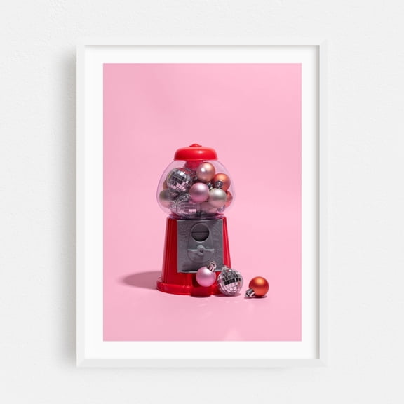 Party Gum Ball Machine - Photography Pop Art Retro Christmas Pastel Modern Art Whimsical Humor White Framed Wall Art Print 12 x 18 inches