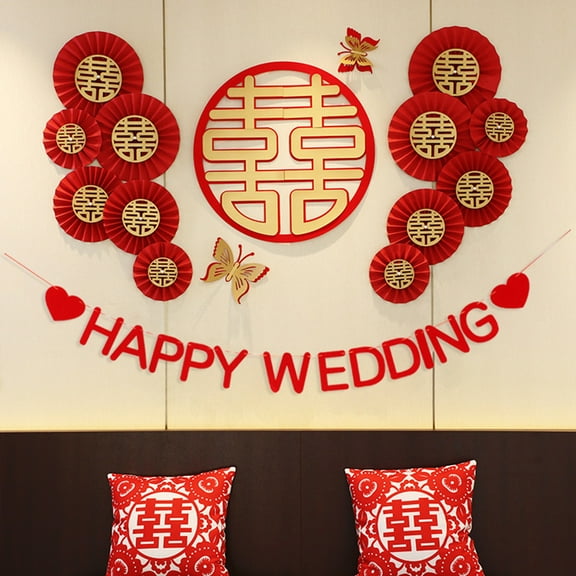 Party Hanging Paper Fans Set, Red Round Pattern Chinese Characters Paper Garlands Add Atmospheres Home Decoration for Wedding Birthday Events Accessories, Set of 6