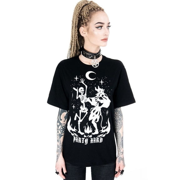 Party Hard Devil's Dance Gothic Women's Oversized Shirt, Black (Medium)