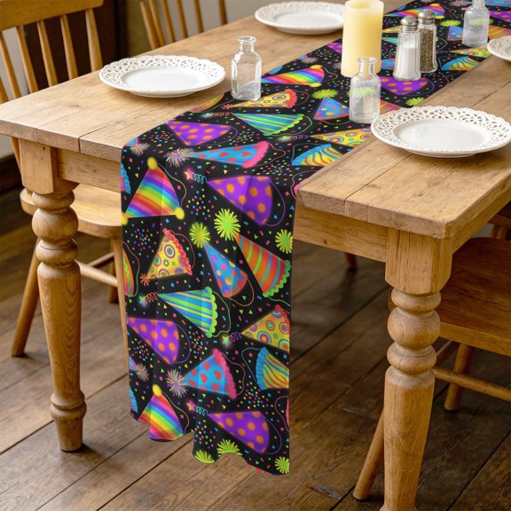 Party Hat 4.5ft Cheesecloth Table Runner for Wedding 19"x55", Modern Colorful Cones Star Confetti Rainbow Pattern Hat Kitchen Dinner Sheer Tulle Chiffon Dresser Scarf, Holiday Party Decorations