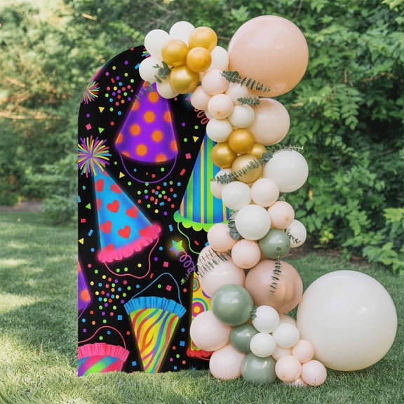 Party Hat Arch Backdrop Cover 4 FT, Modern Colorful Cones Star Confetti Rainbow Pattern Hat Wedding Arch Cover Stretchy Backdrop Stands Covers for Birthday Party Ceremony Banquet Decor