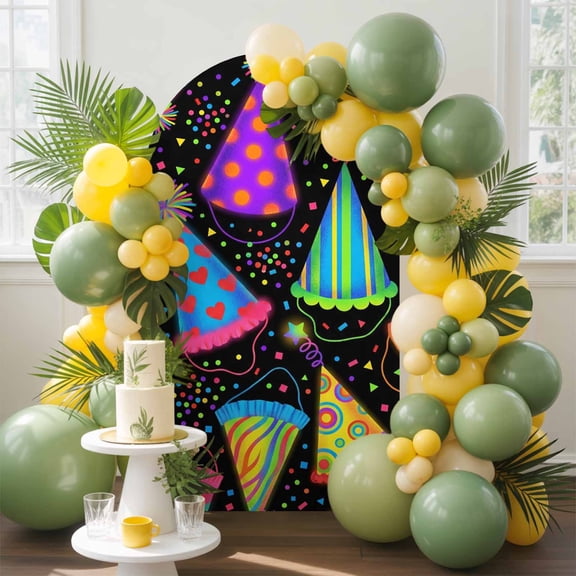 Party Hat Arch Backdrop Cover, 6FT, Modern Colorful Cones Star Confetti Rainbow Pattern Hat Spandex Arch Covers Double-Sided Backdrop for Wedding Birthday Party Photo Background Decoration