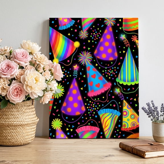 Party Hat Canvas Wall Art for Living Room, Modern Colorful Cones Star Confetti Rainbow Pattern Hat Poster Print Painting for Bedroom Office Home Decoration Wall Pictures Prepare To Hang 20"x30"