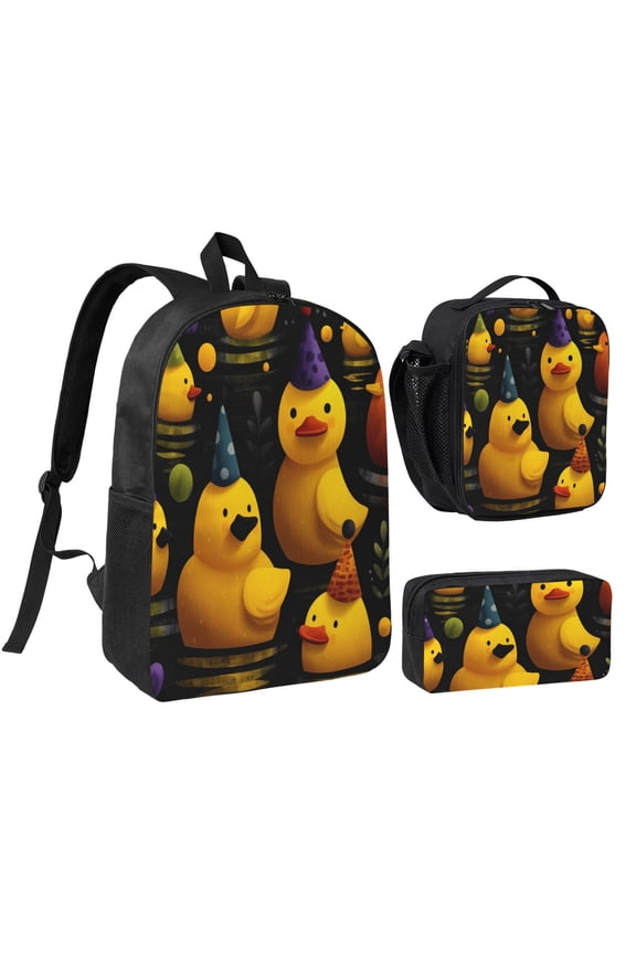 Party Hat Mini Duck Backpack 17 Inch Set with Lunch Bag and CaseDurableTravel Bag Combo for Work Commuting Daily Use