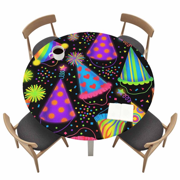 Party Hat Round Fitted Table Cover Modern Colorful Cones Star Confetti Rainbow Pattern Hat Waterproof Table Cloth with Elastic Edge Wipeable Tablecloth for Picnic Camping Party Fits 36"-44" Tables