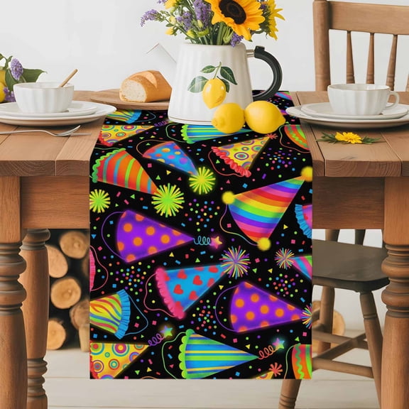 Party Hat Table Runner 13x36 Inch Modern Colorful Cones Star Confetti Rainbow Pattern Hat Cotton Linen Dining Table Runner Ideal for Dresser Kitchen Coffee Tables - Machine Washable