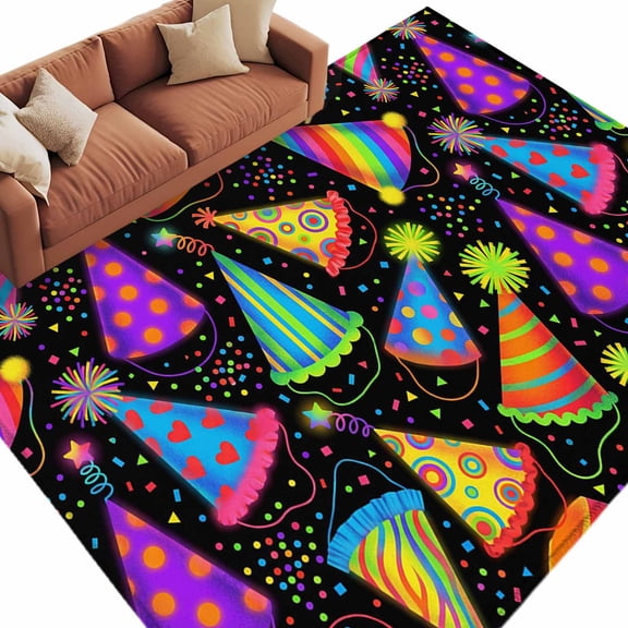 Party Hat Washable Living Room Rugs 9'x12', Modern Colorful Cones Star Confetti Rainbow Pattern Hat Low Pile Throw Large Area Rug Non-Slip Sturdy Edge Binding Carpet for Bedroom Dining Room Office