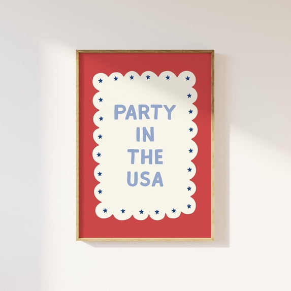 Party In The USA July 4th Americana Whimsical Patriotic Wall Art, Unframed Paper Poster 8x10in