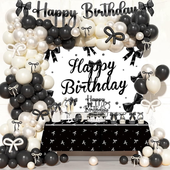 Party Inspo Black Bow Birthday Decorations - 110 PCs Black Bow Themed Party Supplies with Backdrop, Tablecloth, Cake Topper, Banner, Cupcake Toppers, Ribbons, Balloon Garland Y101