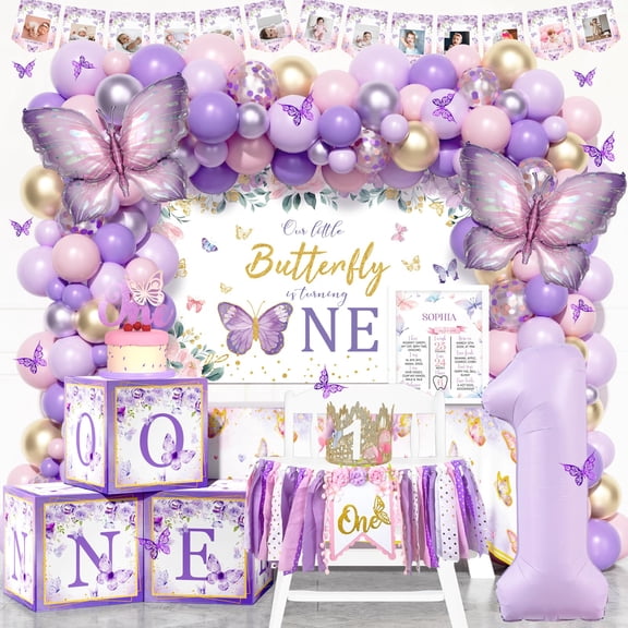 Party Inspo Butterfly First Birthday Decorations - 138PCs Pink Purple Butterfly 1st Party Supplies for Girl with Backdrop Balloon Garland Banner Poster Crown for One Year Old Girl Y101