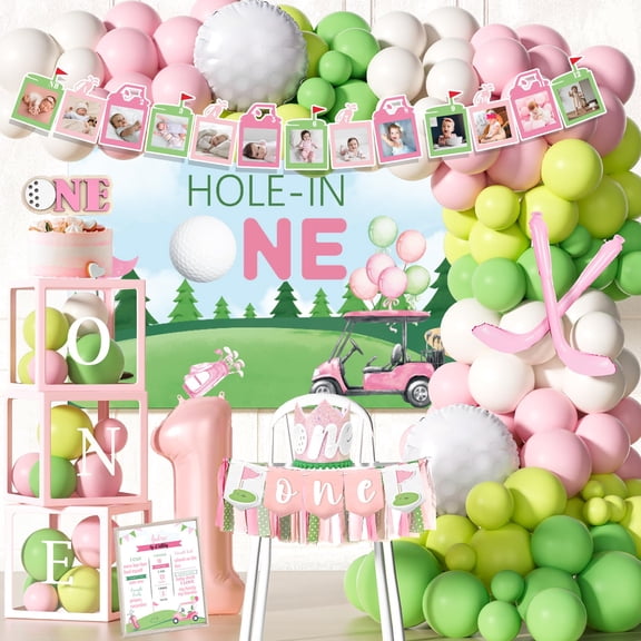 Party Inspo Hole in One Birthday Decorations Girl - 111PCS Golf Theme First Party Supplies with Backdrop, Pink Green Balloon Garland, 1st Birthday Banner, Boxes, Poster for One Year Old Girl Y101