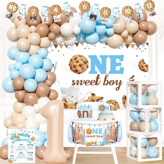 Party Inspo Milk and Cookies 1st Birthday Party 1st Birthday Decorations Boy, One Sweet First Party Supplies Backdrop Balloon Banner Cake Topper Crown Boxes Poster for One Year Old Boy Y101
