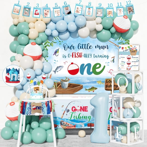 Party Inspo Ofishally One Birthday Decorations, 103 PCs - Gone Fishing 1st Birthday Party Supplies with Fish First Backdrop, Balloon Garland, Banners, Paper Lanterns, Poster Y101