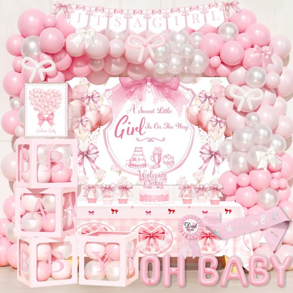 Party Inspo Pink Bow Baby Shower Decorations - 132 PCs Coquette Baby Shower Supplies with Balloon Garland, Backdrop, Cake Topper, Tablecloth, Boxes, Badge, Sash for Girls Pink Themed Party Y101
