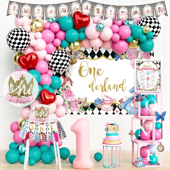 Party Inspo Wonderland 1st Birthday Decorations Girl, 135 PCs - Retro Onederland First Birthday Supplies with Backdrop, Balloon Garland, Cake Topper, Crown for Vintage Garden Tea Party Y101
