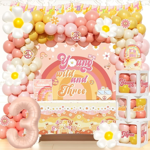 Party Inspo Young Wild and Three Decorations Girl, birthday decorations for girl, Boho Groovy Daisy Hippie Party Decorations, Backdrop Balloon Garland Banner Cake Topper Box Cutout Poster Y101