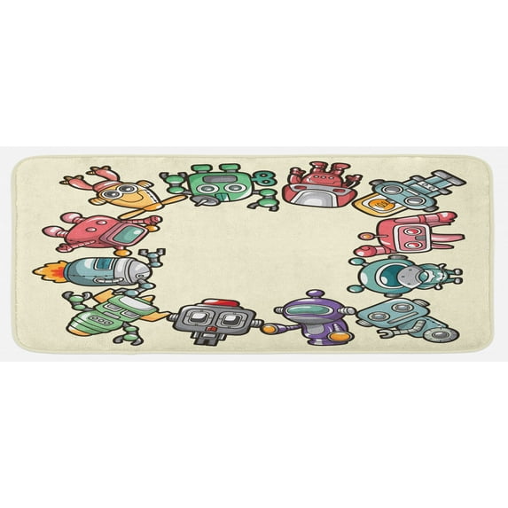 Party Kitchen Mat, Friendly Robot Characters Circle Futuristic Sci Fi Machines Toys, Plush Decorative Kitchen Mat with Non Slip Backing, 47" X 19", Multicolor, by Ambesonne
