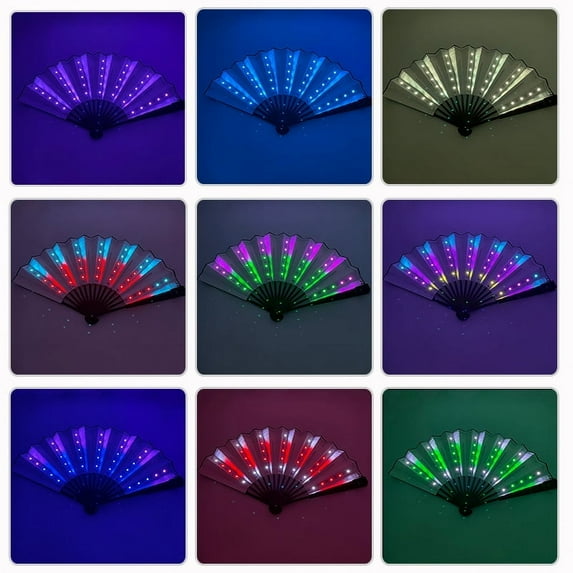 Party LED Glowing Colorful Chinese Hand Held Folding Fan with Remote Control Stage Performance Show Light Up Fan Birthday Party Dance Gift Wedding - White fan surface+hidden wire design