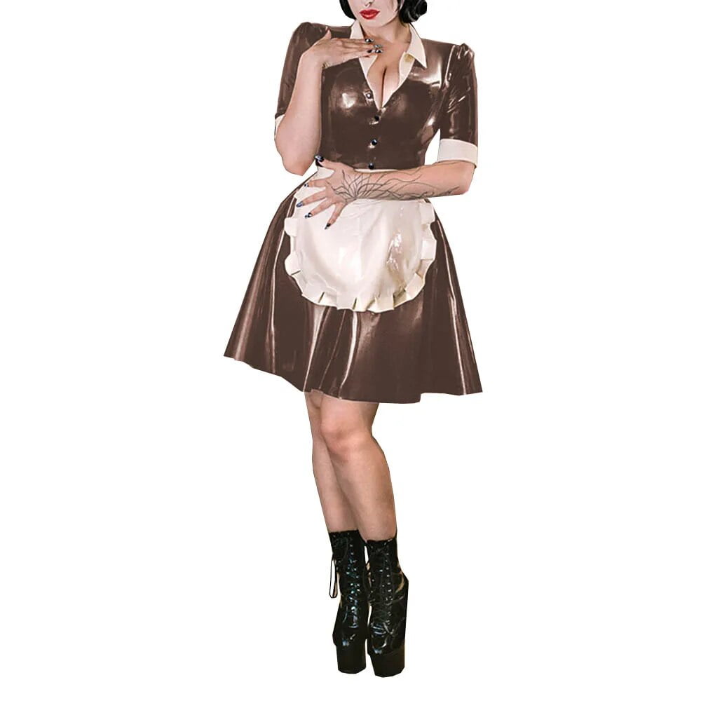 Party Latex Look A-line Cosplay Maid Dress Shiny PVC Leather Turn-Down ...