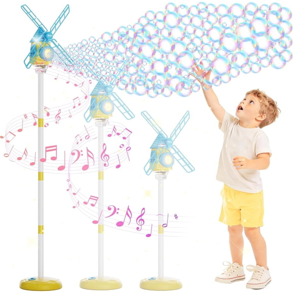 Windmill Bubble Machine, 51" Adjustable Height Standing Bubble Maker with Lights & Music, 10-Hole Battery Operated Bubble Blower with 130ml Tank, Outdoor Backyard Party Toys