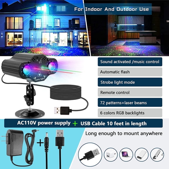Party Lights DJ Disco Lights,Stage Light Projector 2 RGB LED Multiple Patterns Sound Activated Flash Strobe Lighting with Remote Control for Parties Christmas Karaoke Wedding Home Decoration