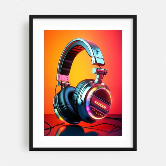 Party Lights Headphones - Photography Music Neon Sign Modern Art Pop Art Retro Black Framed Wall Art Print 18 x 24 inches