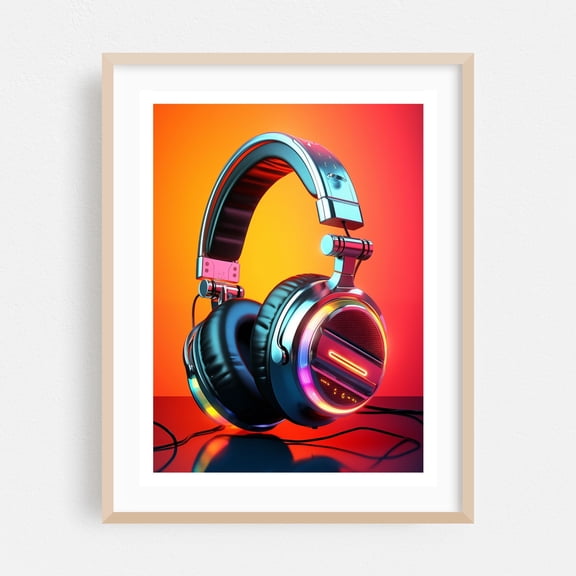 Party Lights Headphones - Photography Music Neon Sign Modern Art Pop Art Retro Oak Framed Wall Art Print 12 x 16 inches