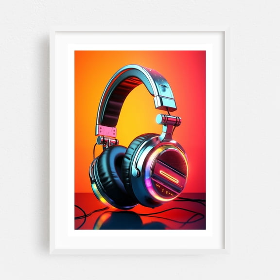 Party Lights Headphones - Photography Music Neon Sign Modern Art Pop Art Retro White Framed Wall Art Print 18 x 24 inches