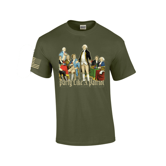 Party Like A Patriot Founding Fathers American Flag Sleeve Mens Short Sleeve T-shirt Graphic Tee-Military Green-medium