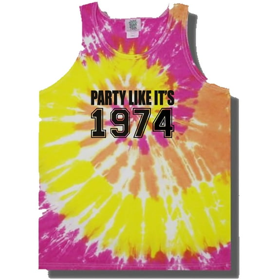 Party Like It's 1974 Adult Neon Tie Dye Spiral Tank Top with Black Ink