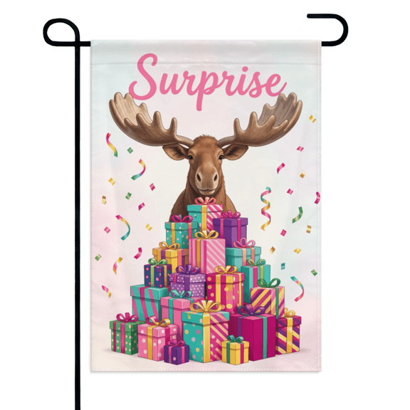 Party Moose Birthday Garden Flag 12×18in Double Sided Linen Polyester Festive Surprise UV Protected Fade Resistant Weatherproof Decor For House Home Outdoor Yard Patio Celebration