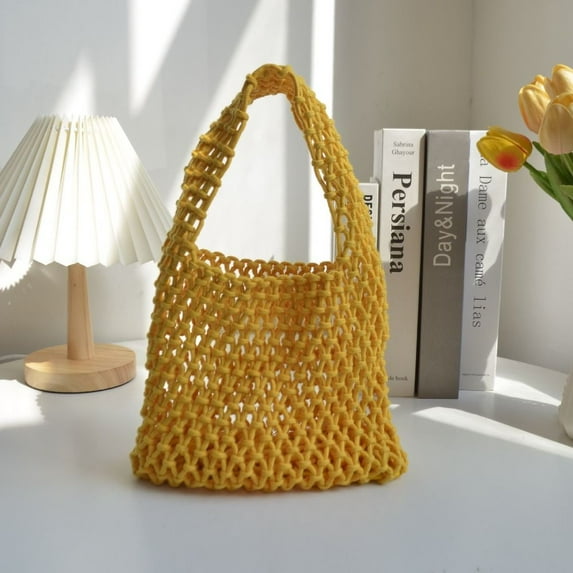 Party The New Fresh Handmade Hollowout Cotton Rope Colorful Outing School Mommy Bag Knitted Handbag Woven One-shoulder Pouch Underarm Bag BRIGHT YELLOW